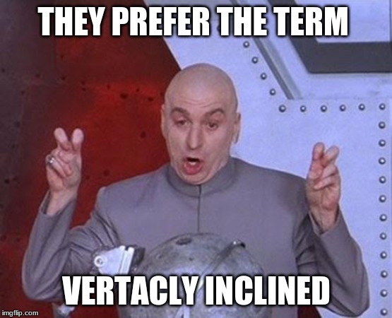Dr Evil Laser | THEY PREFER THE TERM; VERTICALLY INCLINED | image tagged in memes,dr evil laser | made w/ Imgflip meme maker