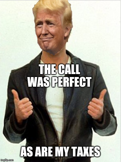 Believe me | THE CALL WAS PERFECT; AS ARE MY TAXES | image tagged in fonzie trump | made w/ Imgflip meme maker