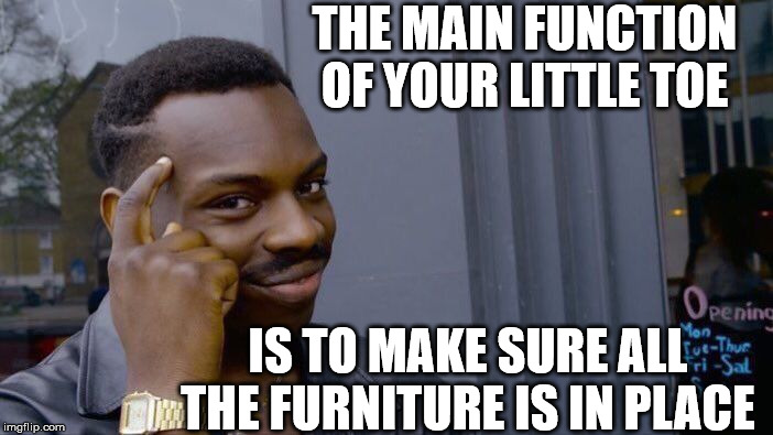 Roll Safe Think About It | THE MAIN FUNCTION OF YOUR LITTLE TOE; IS TO MAKE SURE ALL THE FURNITURE IS IN PLACE | image tagged in memes,roll safe think about it,toe,hide the pain harold,first world problems,aint nobody got time for that | made w/ Imgflip meme maker