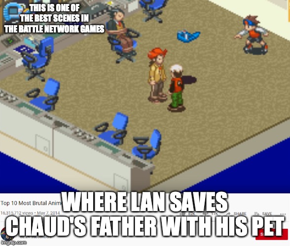 Lan Throws PET | THIS IS ONE OF THE BEST SCENES IN THE BATTLE NETWORK GAMES; WHERE LAN SAVES CHAUD'S FATHER WITH HIS PET | image tagged in megaman nt warrior,megaman,megaman battle network,memes | made w/ Imgflip meme maker
