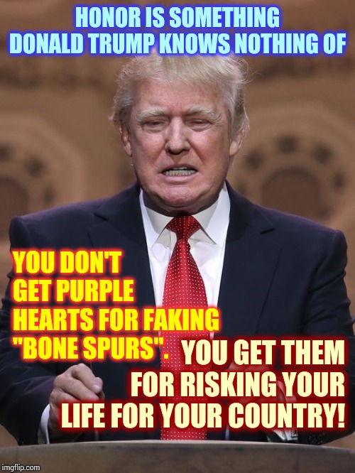 D I S G U S T I N G | HONOR IS SOMETHING DONALD TRUMP KNOWS NOTHING OF; YOU DON'T GET PURPLE HEARTS FOR FAKING "BONE SPURS". YOU GET THEM FOR RISKING YOUR LIFE FOR YOUR COUNTRY! | image tagged in donald trump,memes,trump unfit unqualified dangerous,liar in chief,impeach trump,lock him up | made w/ Imgflip meme maker