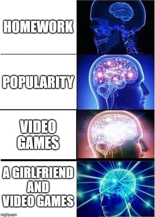 Expanding Brain | HOMEWORK; POPULARITY; VIDEO GAMES; A GIRLFRIEND AND VIDEO GAMES | image tagged in memes,expanding brain | made w/ Imgflip meme maker