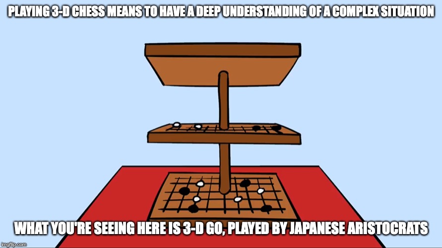 3-D Go | PLAYING 3-D CHESS MEANS TO HAVE A DEEP UNDERSTANDING OF A COMPLEX SITUATION; WHAT YOU'RE SEEING HERE IS 3-D GO, PLAYED BY JAPANESE ARISTOCRATS | image tagged in go,memes,limfany,youtube | made w/ Imgflip meme maker