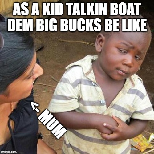 Third World Skeptical Kid Meme | AS A KID TALKIN BOAT DEM BIG BUCKS BE LIKE; <- MUM | image tagged in memes,third world skeptical kid | made w/ Imgflip meme maker