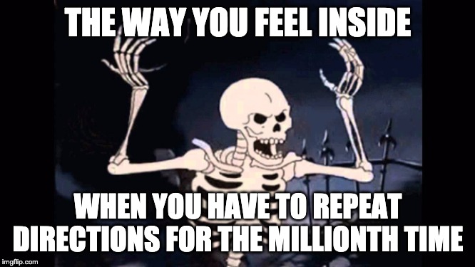 Angry skeleton | THE WAY YOU FEEL INSIDE; WHEN YOU HAVE TO REPEAT DIRECTIONS FOR THE MILLIONTH TIME | image tagged in angry skeleton | made w/ Imgflip meme maker