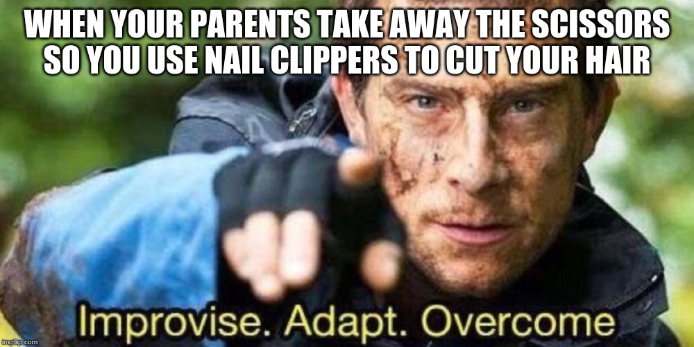 Improvise. Adapt. Overcome | WHEN YOUR PARENTS TAKE AWAY THE SCISSORS SO YOU USE NAIL CLIPPERS TO CUT YOUR HAIR | image tagged in improvise adapt overcome | made w/ Imgflip meme maker