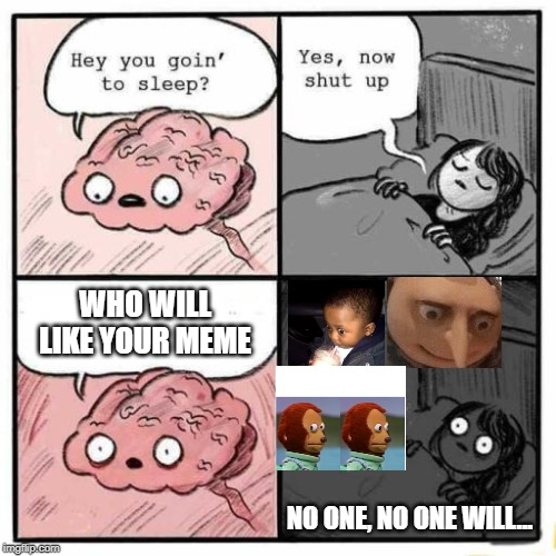 Hey you going to sleep? | WHO WILL LIKE YOUR MEME; NO ONE, NO ONE WILL... | image tagged in hey you going to sleep | made w/ Imgflip meme maker