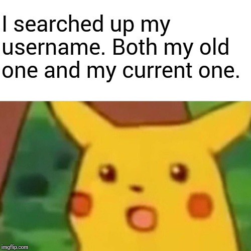 Surprised Pikachu Meme | I searched up my username. Both my old one and my current one. | image tagged in memes,surprised pikachu | made w/ Imgflip meme maker