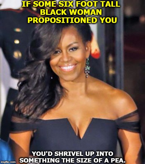 She's all woman. Imgflip Trump fans pretend she isn't, because that much woman scares them limp. | IF SOME SIX FOOT TALL 
BLACK WOMAN 
PROPOSITIONED YOU; YOU'D SHRIVEL UP INTO SOMETHING THE SIZE OF A PEA. | image tagged in michelle obama,sexy,hot,five foot eleven,shrinkage | made w/ Imgflip meme maker