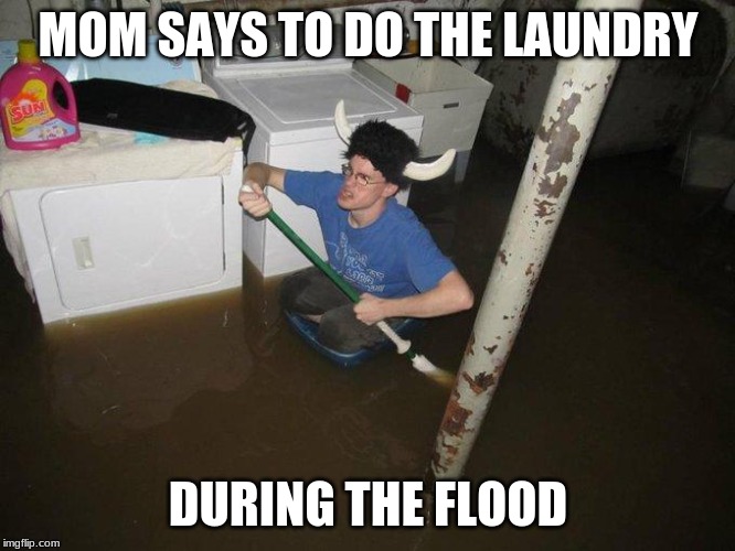 Laundry Viking | MOM SAYS TO DO THE LAUNDRY; DURING THE FLOOD | image tagged in memes,laundry viking | made w/ Imgflip meme maker