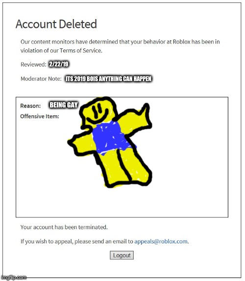 Banned From Roblox Imgflip - gay edition roblox