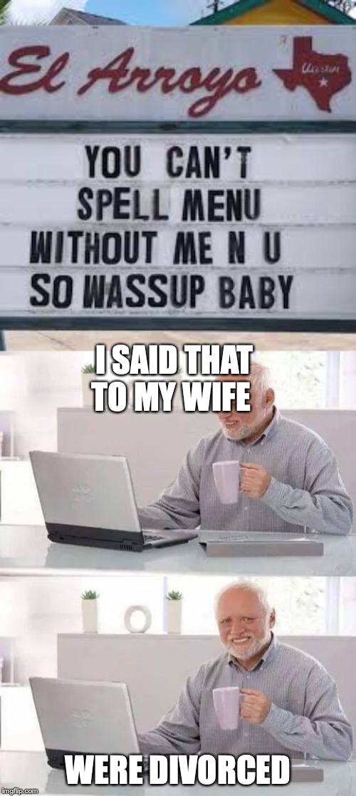 I SAID THAT TO MY WIFE; WERE DIVORCED | image tagged in memes,hide the pain harold | made w/ Imgflip meme maker