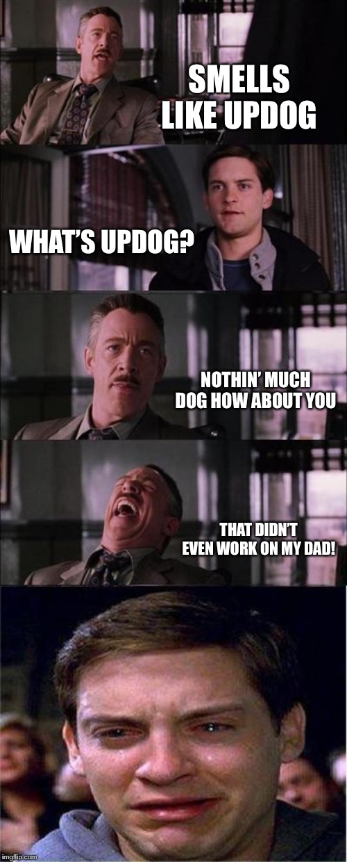 Peter Parker Cry | SMELLS LIKE UPDOG; WHAT’S UPDOG? NOTHIN’ MUCH DOG HOW ABOUT YOU; THAT DIDN’T EVEN WORK ON MY DAD! | image tagged in memes,peter parker cry | made w/ Imgflip meme maker