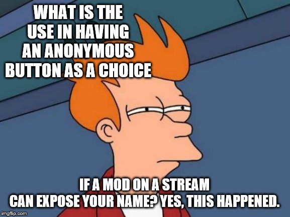 Anonymous is not against the imgflip rules. Some people just want to post memes without all the debate. Some people have to work | WHAT IS THE USE IN HAVING AN ANONYMOUS BUTTON AS A CHOICE; IF A MOD ON A STREAM CAN EXPOSE YOUR NAME? YES, THIS HAPPENED. | image tagged in memes,futurama fry,funny | made w/ Imgflip meme maker