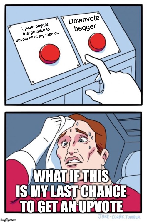 Two Buttons Meme | Downvote begger; Upvote begger, that promise to upvote all of my memes; WHAT IF THIS IS MY LAST CHANCE TO GET AN UPVOTE | image tagged in memes,two buttons | made w/ Imgflip meme maker