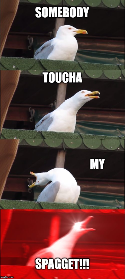 Inhaling Seagull | SOMEBODY; TOUCHA; MY; SPAGGET!!! | image tagged in memes,inhaling seagull | made w/ Imgflip meme maker