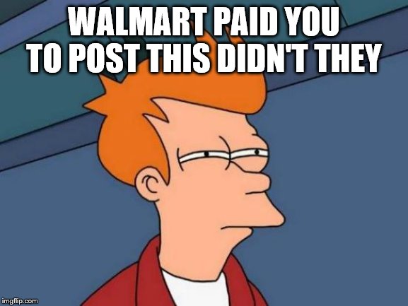 Futurama Fry Meme | WALMART PAID YOU TO POST THIS DIDN'T THEY | image tagged in memes,futurama fry | made w/ Imgflip meme maker