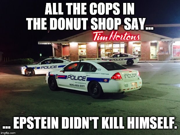 Walk like a Clin... Egyptian! | ALL THE COPS IN THE DONUT SHOP SAY... ... EPSTEIN DIDN'T KILL HIMSELF. | image tagged in jeffrey epstein,cops,bangles | made w/ Imgflip meme maker