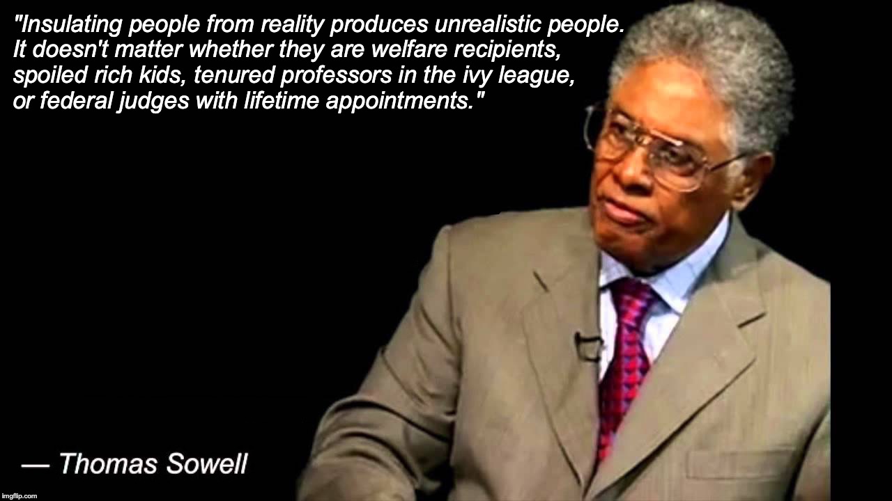 Thomas Sowell |  "Insulating people from reality produces unrealistic people.

It doesn't matter whether they are welfare recipients,
spoiled rich kids, tenured professors in the ivy league,
or federal judges with lifetime appointments." | image tagged in thomas sowell | made w/ Imgflip meme maker