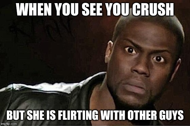 Kevin Hart Meme | WHEN YOU SEE YOU CRUSH; BUT SHE IS FLIRTING WITH OTHER GUYS | image tagged in memes,kevin hart | made w/ Imgflip meme maker