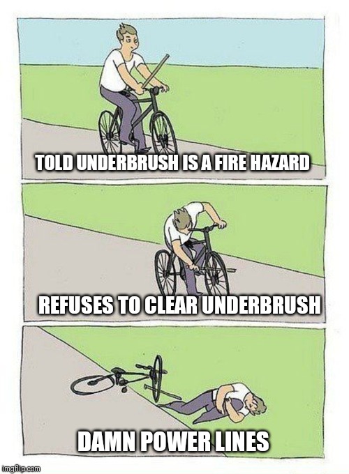 Bike Fall | TOLD UNDERBRUSH IS A FIRE HAZARD; REFUSES TO CLEAR UNDERBRUSH; DAMN POWER LINES | image tagged in bike fall | made w/ Imgflip meme maker