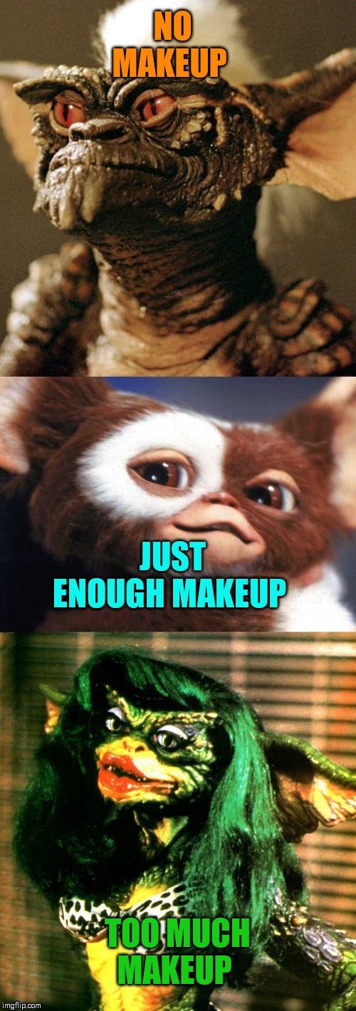 NO MAKEUP; JUST ENOUGH MAKEUP; TOO MUCH MAKEUP | image tagged in gremlins,makeup,natural beauty | made w/ Imgflip meme maker