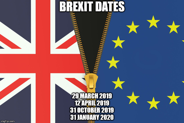 Brexit | BREXIT DATES; 29 MARCH 2019
12 APRIL 2019
31 OCTOBER 2019
31 JANUARY 2020 | image tagged in brexit | made w/ Imgflip meme maker