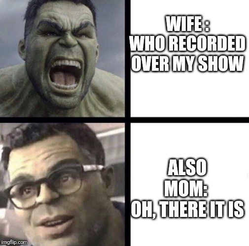 Professor Hulk | WIFE : WHO RECORDED OVER MY SHOW; ALSO MOM: 
OH, THERE IT IS | image tagged in professor hulk | made w/ Imgflip meme maker