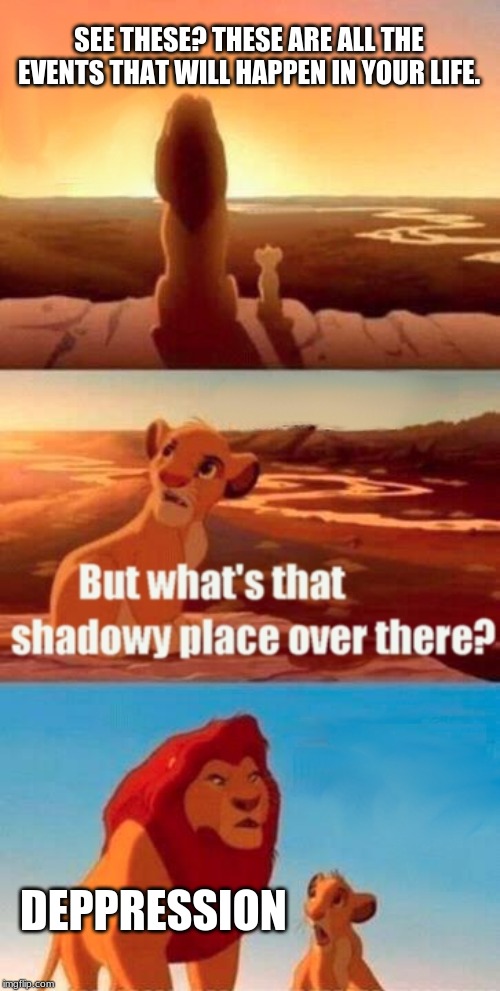 Simba Shadowy Place Meme | SEE THESE? THESE ARE ALL THE EVENTS THAT WILL HAPPEN IN YOUR LIFE. DEPPRESSION | image tagged in memes,simba shadowy place | made w/ Imgflip meme maker