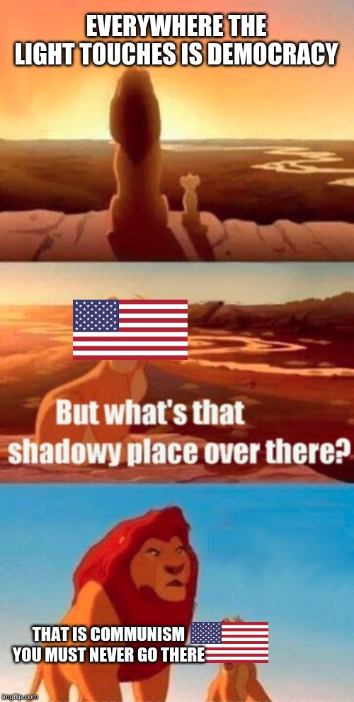 Simba Shadowy Place Meme | EVERYWHERE THE LIGHT TOUCHES IS DEMOCRACY; THAT IS COMMUNISM YOU MUST NEVER GO THERE | image tagged in memes,simba shadowy place | made w/ Imgflip meme maker