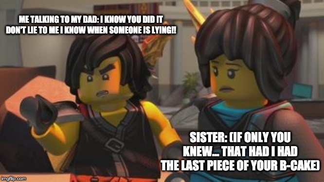 How dare you finish my Birthday cake!!! | ME TALKING TO MY DAD: I KNOW YOU DID IT DON'T LIE TO ME I KNOW WHEN SOMEONE IS LYING!! SISTER: (IF ONLY YOU KNEW... THAT HAD I HAD THE LAST PIECE OF YOUR B-CAKE) | image tagged in ninjago | made w/ Imgflip meme maker