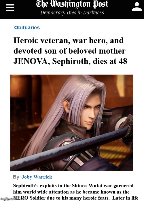 I included a screen shot of how I made this in Photoshop so the admins would see its not a repost | J | image tagged in sephiroth,washington post,liberal bias | made w/ Imgflip meme maker