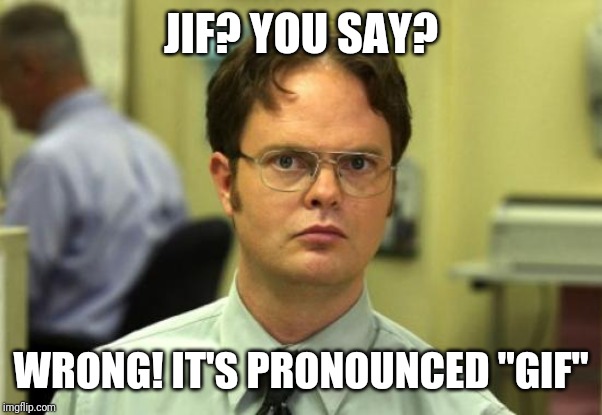 Dwight Schrute Meme | JIF? YOU SAY? WRONG! IT'S PRONOUNCED "GIF" | image tagged in memes,dwight schrute | made w/ Imgflip meme maker