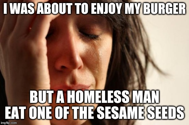 First World Problems | I WAS ABOUT TO ENJOY MY BURGER; BUT A HOMELESS MAN EAT ONE OF THE SESAME SEEDS | image tagged in memes,first world problems | made w/ Imgflip meme maker