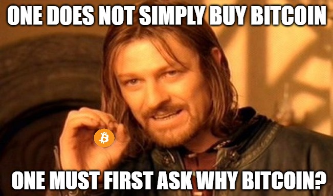 One Does Not Simply Buy Bitcoin | ONE DOES NOT SIMPLY BUY BITCOIN; ONE MUST FIRST ASK WHY BITCOIN? | image tagged in memes,one does not simply,bitcoin,btc,cryptocurrency | made w/ Imgflip meme maker