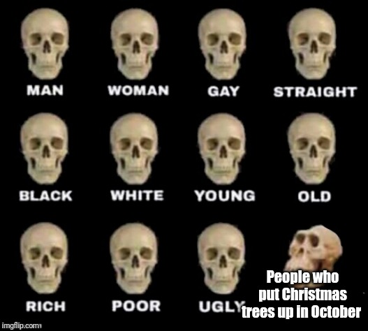 Why can't they fuck off and die? | People who put Christmas trees up in October | image tagged in idiot skull,christmas,halloween | made w/ Imgflip meme maker