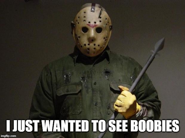 Jason Voorhees | I JUST WANTED TO SEE BOOBIES | image tagged in jason voorhees | made w/ Imgflip meme maker