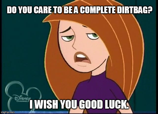 Do you care to be a complete dirtbag? | DO YOU CARE TO BE A COMPLETE DIRTBAG? I WISH YOU GOOD LUCK. | image tagged in kim possible annoyed/disgusted,memes,funny,disney,kim possible | made w/ Imgflip meme maker