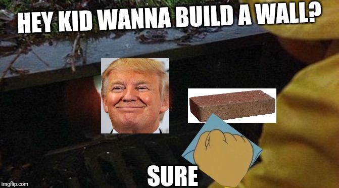 pennywise | HEY KID WANNA BUILD A WALL? SURE | image tagged in pennywise | made w/ Imgflip meme maker