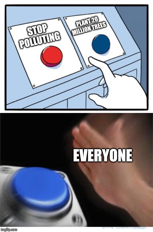 two buttons 1 blue | PLANT 20 MILLION TREES; STOP POLLUTING; EVERYONE | image tagged in two buttons 1 blue | made w/ Imgflip meme maker
