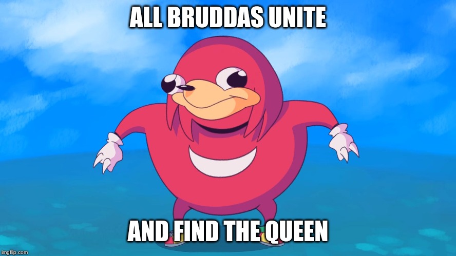 Uganda Knuckles | ALL BRUDDAS UNITE; AND FIND THE QUEEN | image tagged in uganda knuckles | made w/ Imgflip meme maker