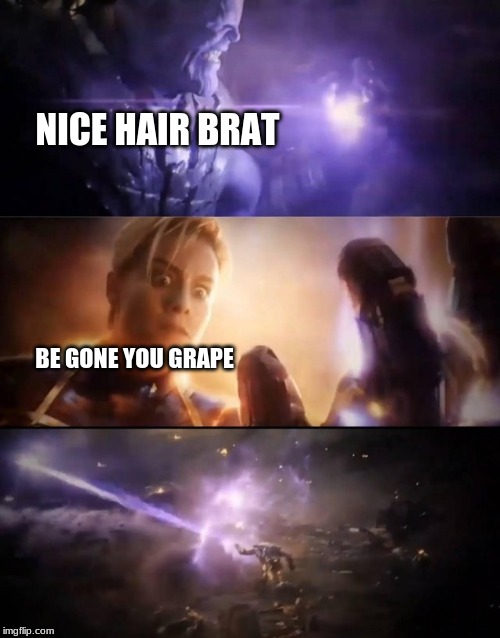 Thanos vs. Captain Marvel | NICE HAIR BRAT; BE GONE YOU GRAPE | image tagged in thanos vs captain marvel | made w/ Imgflip meme maker