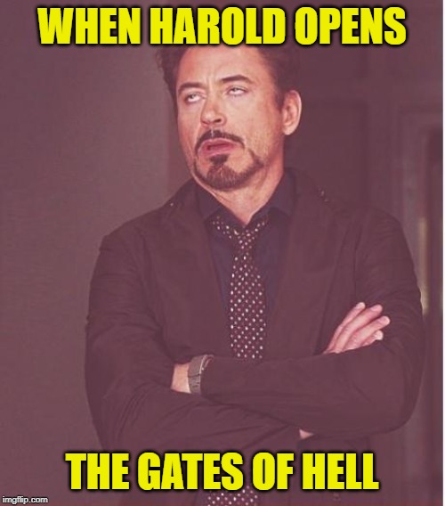 Face You Make Robert Downey Jr Meme | WHEN HAROLD OPENS THE GATES OF HELL | image tagged in memes,face you make robert downey jr | made w/ Imgflip meme maker