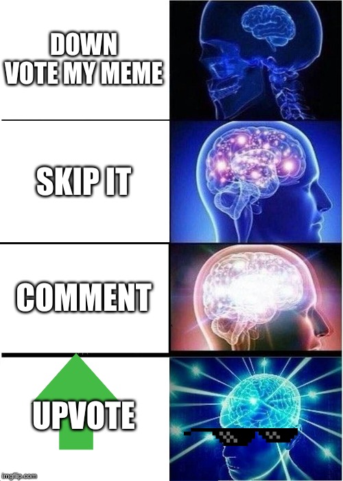 Expanding Brain Meme | DOWN VOTE MY MEME SKIP IT COMMENT UPVOTE | image tagged in memes,expanding brain | made w/ Imgflip meme maker