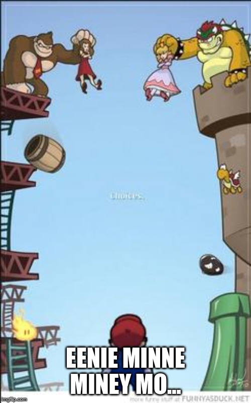 Mario, DK, and Bowser | EENIE MINNE MINEY MO... | image tagged in mario dk and bowser | made w/ Imgflip meme maker