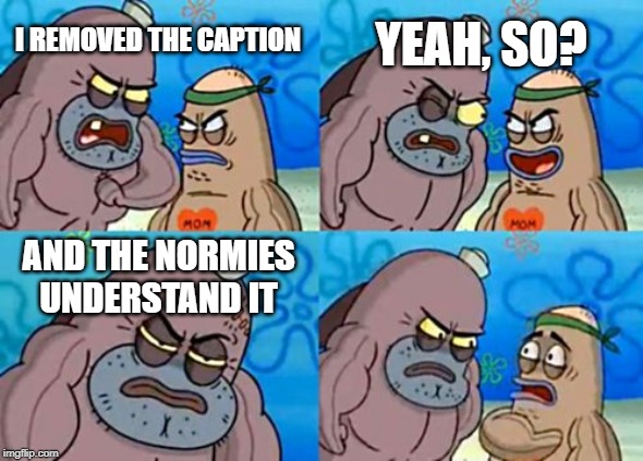 How Tough Are You Meme | YEAH, SO? I REMOVED THE CAPTION; AND THE NORMIES UNDERSTAND IT | image tagged in memes,how tough are you | made w/ Imgflip meme maker