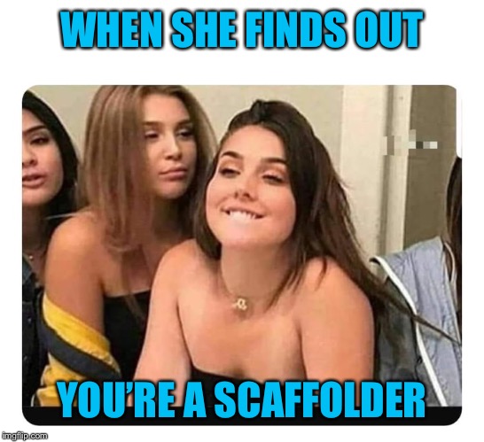 When she finds out | WHEN SHE FINDS OUT; YOU’RE A SCAFFOLDER | image tagged in when she finds out | made w/ Imgflip meme maker