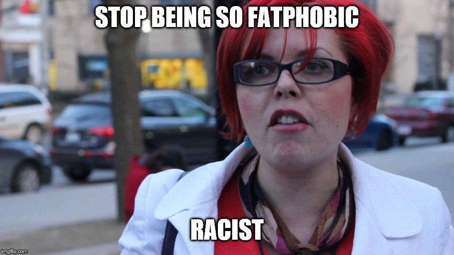 Feminazi | STOP BEING SO FATPHOBIC RACIST | image tagged in feminazi | made w/ Imgflip meme maker