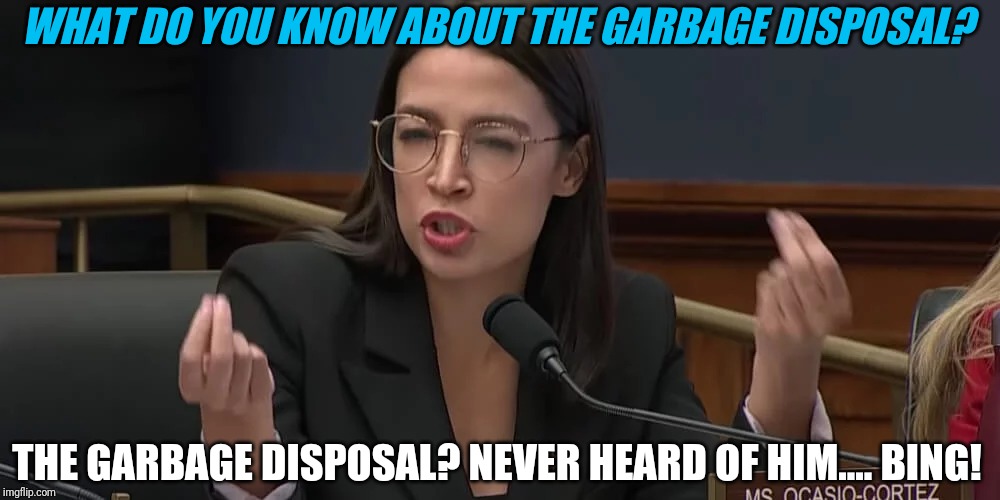 AOC is a wise guy | WHAT DO YOU KNOW ABOUT THE GARBAGE DISPOSAL? THE GARBAGE DISPOSAL? NEVER HEARD OF HIM.... BING! | image tagged in aoc,italian hand gestures | made w/ Imgflip meme maker