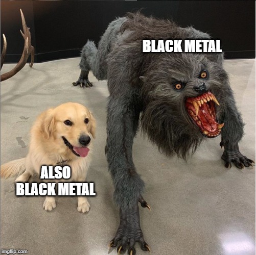 dog vs werewolf | BLACK METAL; ALSO BLACK METAL | image tagged in dog vs werewolf | made w/ Imgflip meme maker